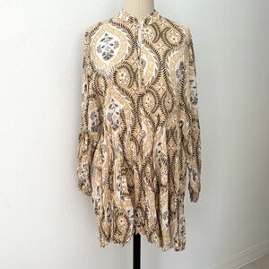 H&M Paisley Block Print Mini Dress NWOT Peach Gray Cream Balloon Sleeves L
